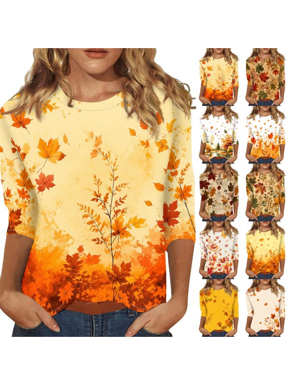 Women's 3/4 Sleeve Tops - Maple Leaf Print Round Neck T Shirts, Casual Fall Tees & Blouses for Everyday Wear, 3/4 Sleeve T Shirts for Women