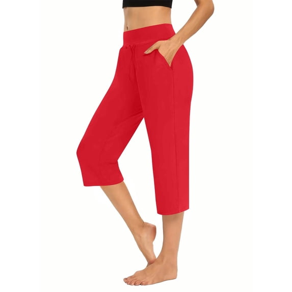 JoveMarine Women's Athletic Capris - Drawstring Elastic High Waist Solid Color Casual Sporty Pants, Stretchy 3/4 Length for Gym Running,Red M