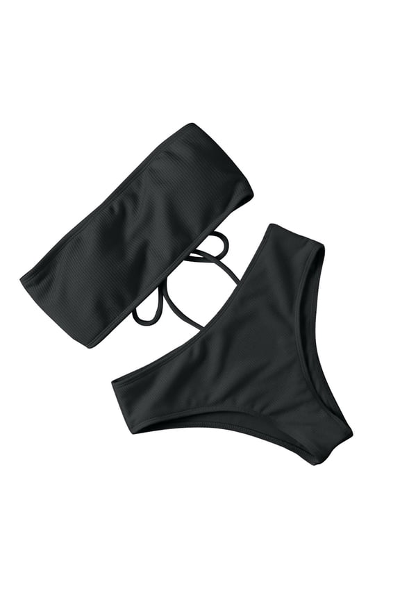 Women's Bandeau Two-Piece Bikini Set, Strapless with Padded Cups, No Underwire, Summer Beach Swimsuit, Trendy Bikini Sets for Women,Black S
