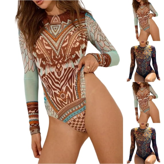 JoveMarine Women's Bohemian Printed One-Piece Swimsuit Fashion Tight-Fit Monokini with V-Neck for Retro Beach Vacation and Pool Holiday Blue L