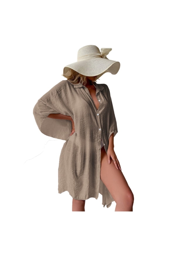 Women's Cotton Bikini Cover Up Cardigan, Loose Beach Shirt, Sun Protection Swimsuit Outerwear, Bikini Cover Ups for Women,Coffee One Size