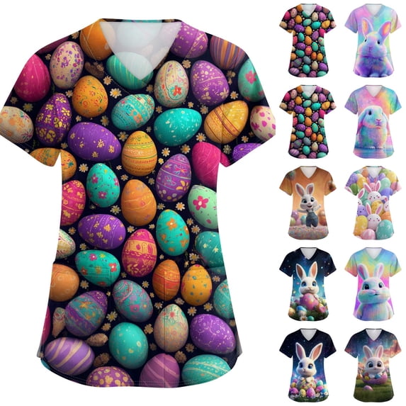 JoveMarine Women's Cute Cartoon Printed V-Neck Short Sleeve Scrub Top with Pockets Side Slit Workwear Blouse Kawaii Uniform for Spring Fall Daily Work Purple Pink XL