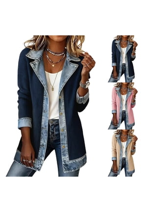 Women's Denim Patchwork Knit Jacket - Lapel Collar Mixed Fabric Coat for Trendy Fall Outfits and Everyday Wear, Womens Jackets & Vests