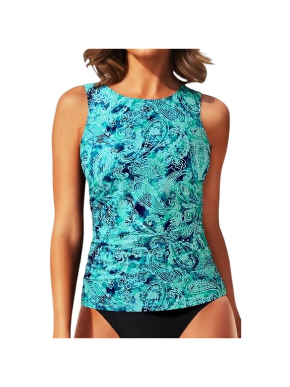 Women's Fashion Printed Bikini Top, All-Over Print Swimwear Top for Beach Vacation, Adjustable Straps, Cute Summer Bikinis for Women,Cyan XL