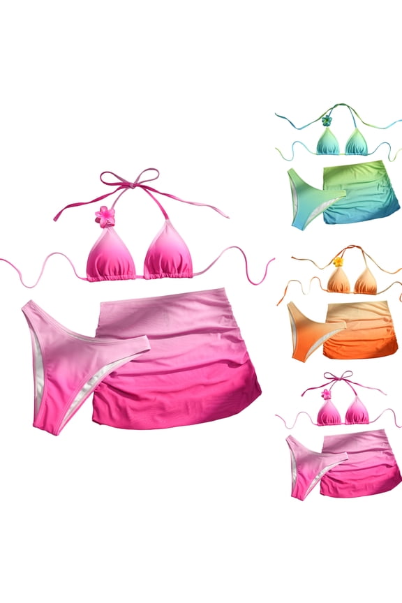 Women's Gradient Bikini Three-Piece Set Sexy Tie-Front Top & High-Waisted Bottoms with Matching Cover Up for Tropical Beach Getaway and Spring Break Saffron M