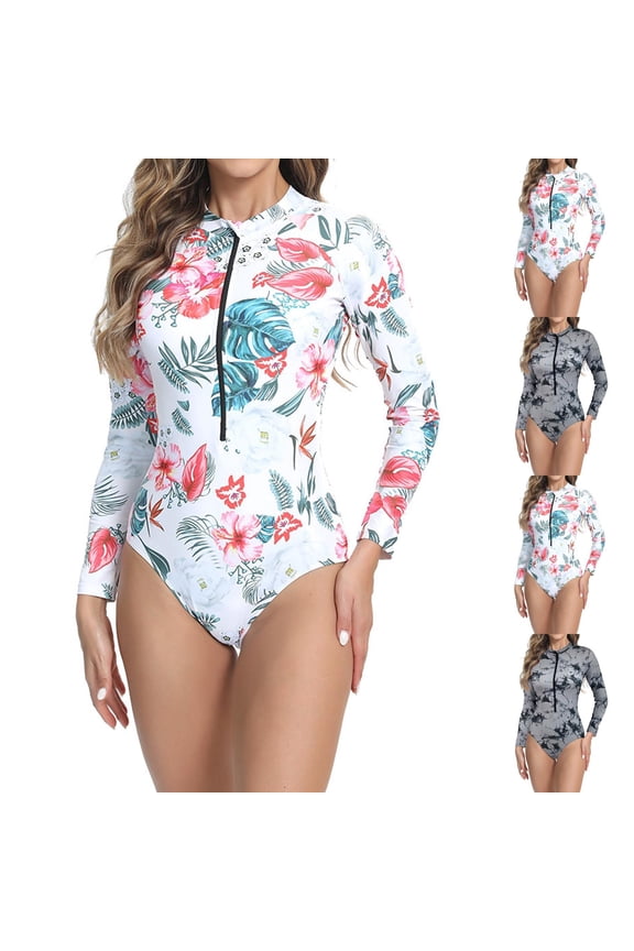 Women's Long Sleeve Wetsuit Printed Zipper Rash Guard One Piece Swimsuit for Diving Surfing Swimming Bathing Suit For Womens Swimsuits White S