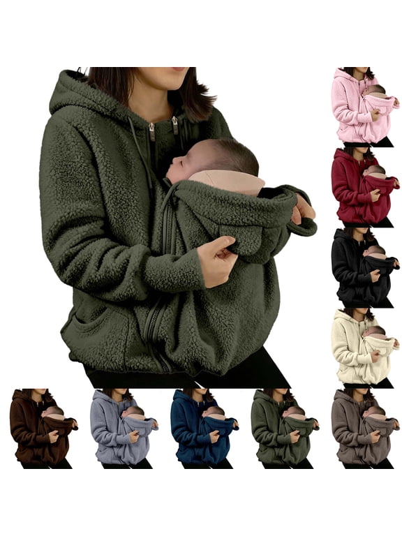 Women's Maternity Winter Fleece Jacket - Full Zip Warm Babywearing Coat with Hood for Fall Outfits and Everyday Wear, Womens Coats