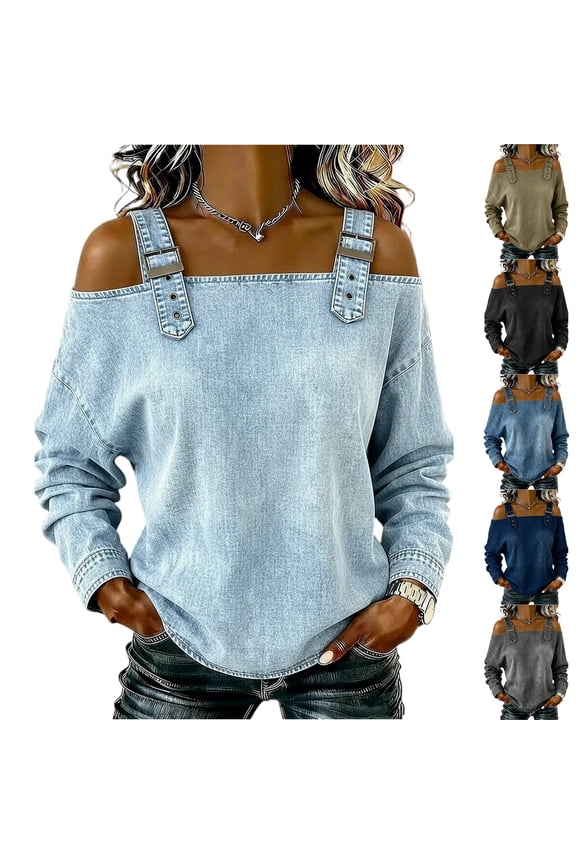 Women's Off Shoulder Long Sleeve Top with Straps Elegant Sexy Blouse for Spring Fall Versatile Casual Daily Wear Date Night Light Blue L