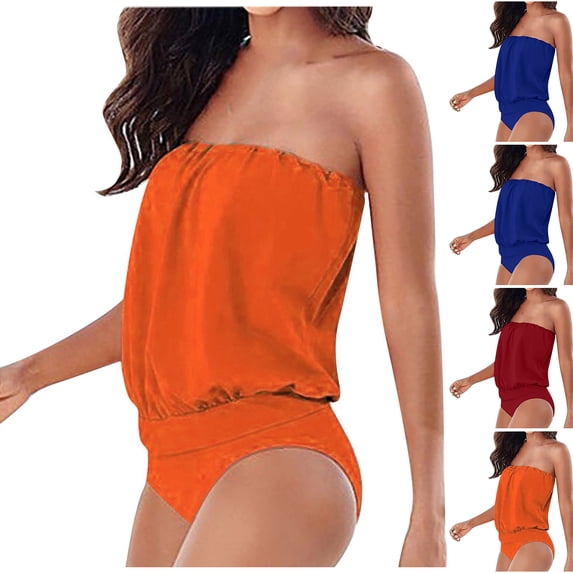 JoveMarine Women's Off Shoulder One Piece Swimsuit Tube Top Sexy Solid Color Beach Bathing Suit Summer Pool Bathing Suit For Womens Swimsuits Red 2XL