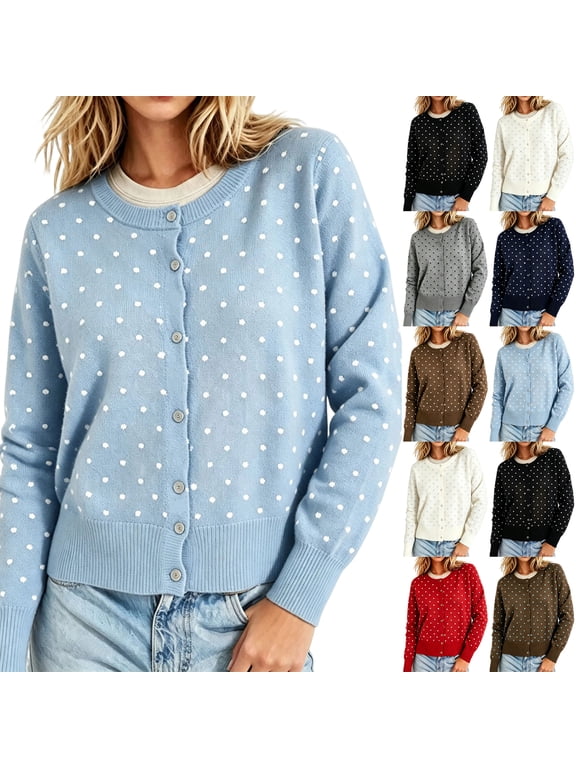 Women's Polka Dot Round Cardigan - Single Breasted Button Long Sleeve Sweater for Retro Fall Outfits and Everyday Wear, Womens Cardigans