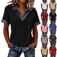 thumbnail image 1 of JoveMarine Women's Short Sleeve Top with Denim Collar Patchwork V-Neck Faux Two-Piece Casual Blouse for Daily Wear Spring/Summer Deep Red S, 1 of 7