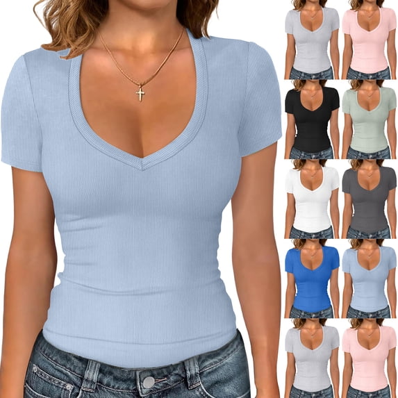 JoveMarine Women's Slim Fit V-Neck Short Sleeve T-Shirt Solid Color Fitted Tee Casual Summer Top for Daily Wear Spring/Summer Gray 2XL