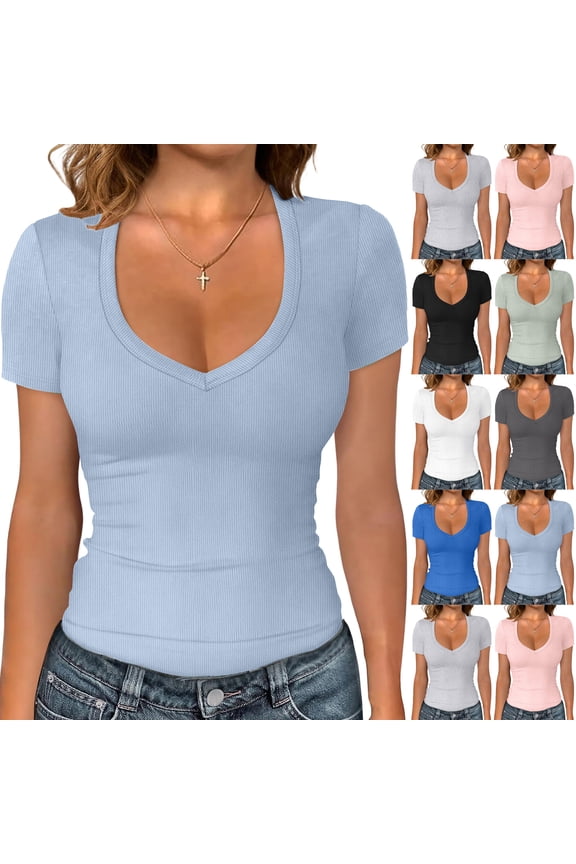 Women's Slim Fit V-Neck Short Sleeve T-Shirt Solid Color Fitted Tee Casual Summer Top for Daily Wear Spring/Summer White 2XL