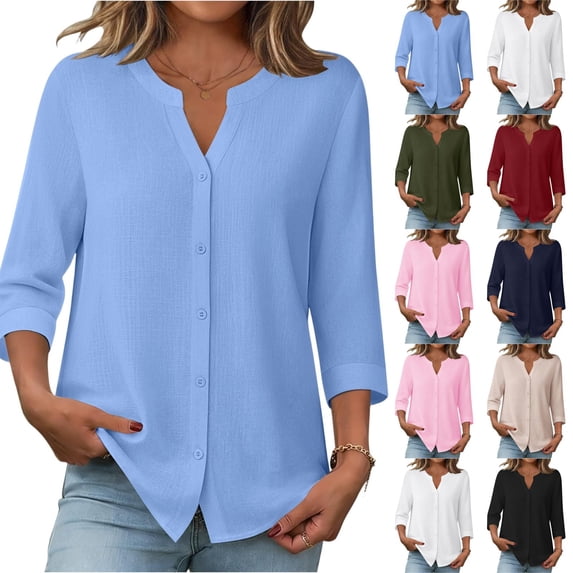 JoveMarine Women's Solid Color Casual Button Up Blouse Round V-Neck Short Sleeve Top Lightweight Office Work Shirt for Spring Fall Daily Wear Blue XL