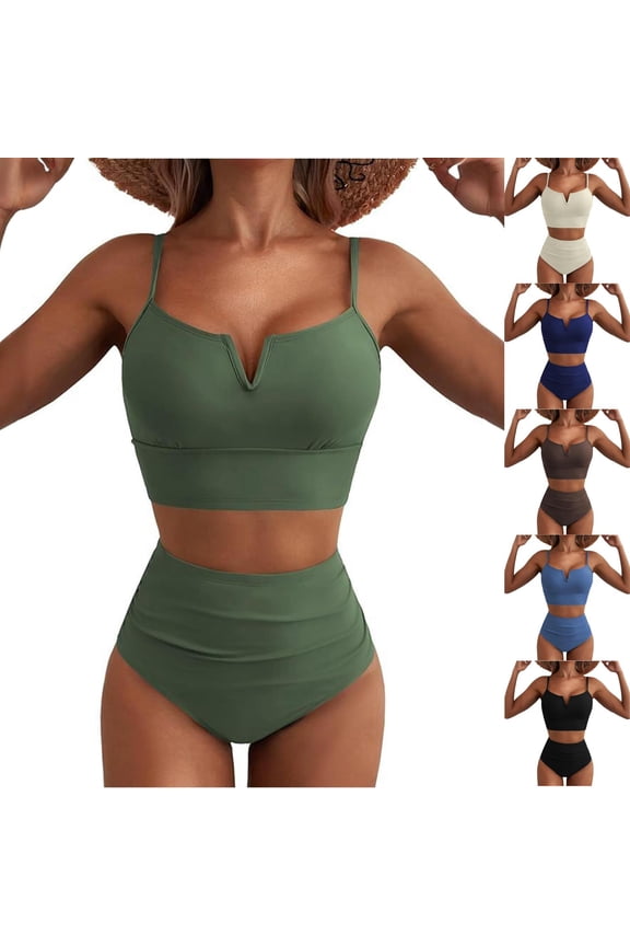 Women's Solid Color Halter Bikini Set Fashion Sexy Two-Piece Swimsuit for Summer Beach Getaway Pool Party and Spring Break Army Green L