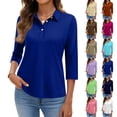 thumbnail image 1 of JoveMarine Women's Solid Color Lapel 3/4 Sleeve Button Up Shirt Casual Summer Top with Button Decor Lightweight Blouse for Spring Daily Wear Blue L, 1 of 6
