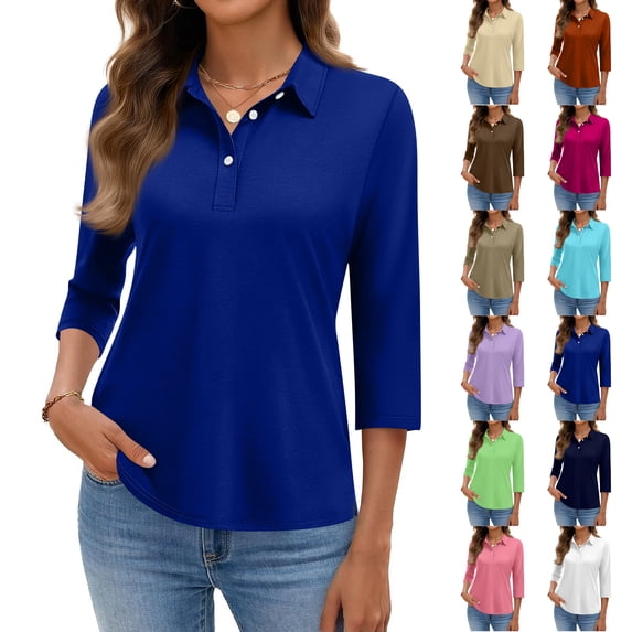 JoveMarine Women's Solid Color Lapel 3/4 Sleeve Button Up Shirt Casual Summer Top with Button Decor Lightweight Blouse for Spring Daily Wear Blue L