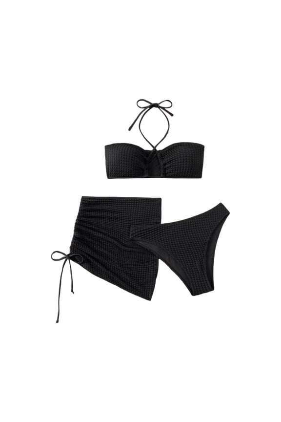 Women's Solid Color Three-Piece Bikini Set, Sporty Two-Piece Swimwear with Athletic Fit, Complete Womens Bikini Set for Beach,Black L