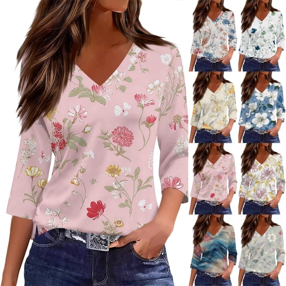 JoveMarine Women's V-Neck 3/4 Sleeve Floral Print Top Casual Blouse with Slit Hem Spring Fall Fashion Tunic for Daily Wear Weekend Purple Pink M