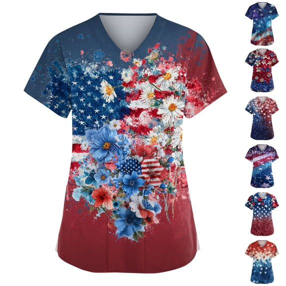 JoveMarine Women's V-Neck Short Sleeve Scrub Top with Pockets Independence Day Printed Workwear Blouse Casual Uniform for Patriotic Holiday Office Work Sky Blue 3XL