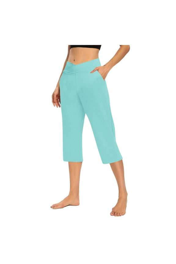 Women's Yoga Capris with Pockets - High Waist Elastic Casual Fit Wide Leg Pants for Lounge, Stretchy Comfy Cropped Trousers,Cyan S