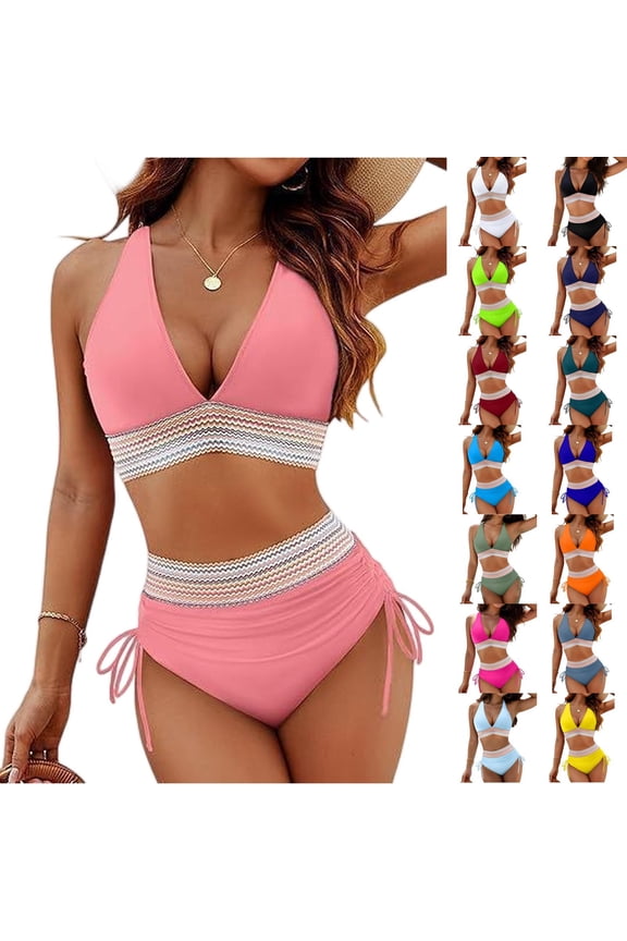 Womens Bikini High Waist – Split V Neck Swimsuit with Padded Bra, No Underwire, Sexy Tummy Control Two-Piece for Summer Beach,Light Blue L