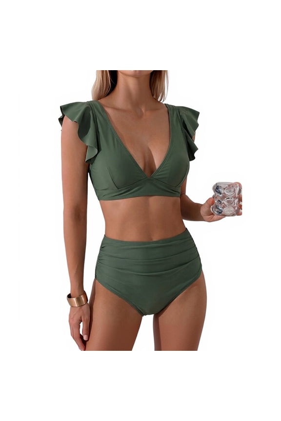 Womens Bikini Set Split High Waist Ruffled Two Piece Swimsuit Sporty Athletic Swimwear with Removable Pads,Army Green XL