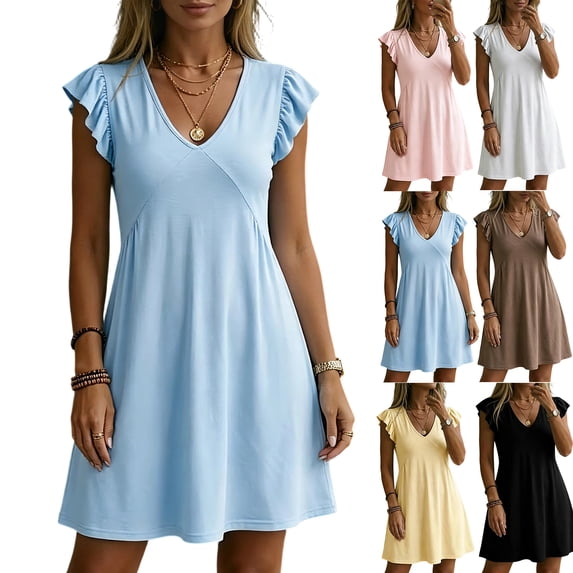 JoveMarine Womens Dresses V-Neck Pleated Ruffle - Sleeves Loose Blouson Vest Skirt with Flutter Sleeves for Summer Casual Days,Light Blue L