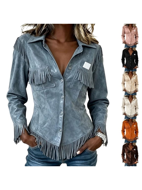 Womens Shirts Western Style - Slim Fit Long Sleeve Blouse Casual, Shirts for Women Fringe Suede Top,Light Blue M