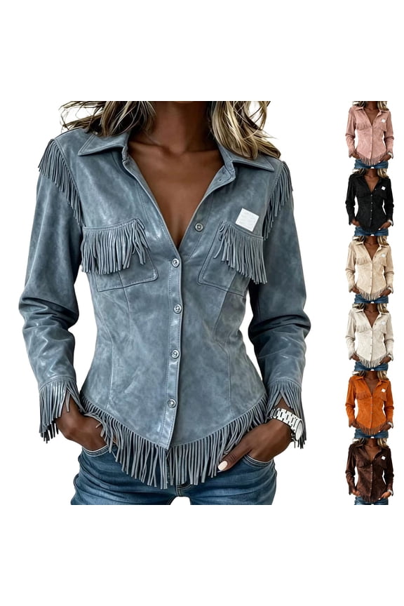Womens Shirts Western Style - Slim Fit Long Sleeve Blouse Casual, Shirts for Women Fringe Suede Top,Saffron S