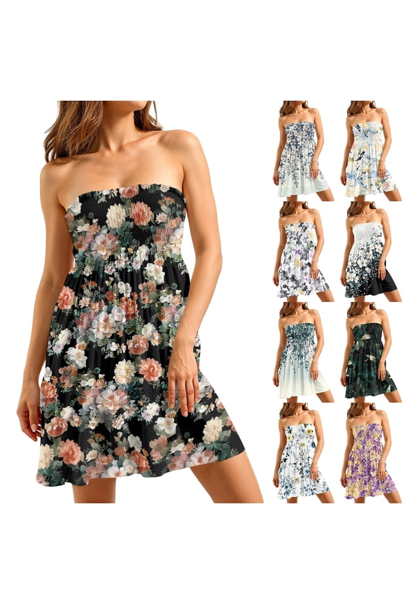 Womens Summer Dresses 2026 Elasticated - Strapless Sleeveless Flowy Pleated Midi Boob Tube Swing Sundress with Floral Print for Casual,Light Blue S