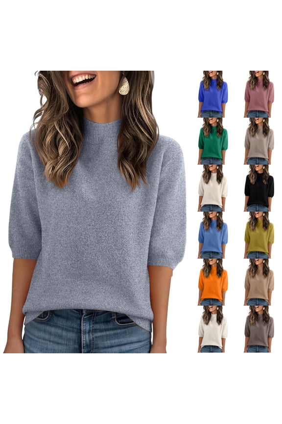 Womens Summer Tops Half High Neck - Loose Knit Short Sleeve Basic Casual Blouse for Daily Wear Summer Vacation and Coffee Date,Camel 2XL