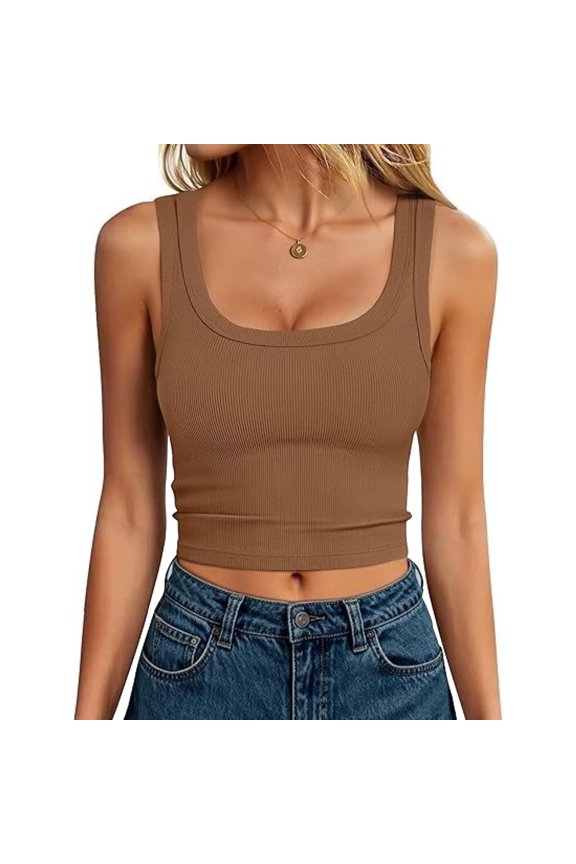 Womens Tank Tops Slim Fit Ribbed Knit Round Neck Wavy Hem Layering Casual Top,Light Brown S