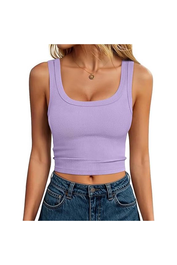 Womens Tank Tops Slim Fit Ribbed Knit Round Neck Wavy Hem Layering Casual Top,Light Purple S