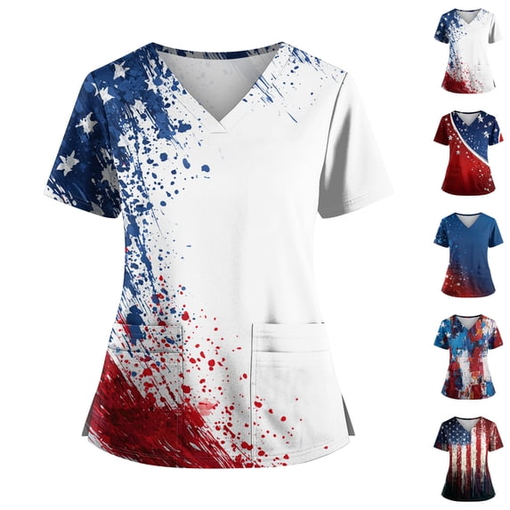 JoveMarine Womens Tops Summer 4th of July - V-Neck Double Pocket Print Short Sleeve Slit Hem Nurse Uniform for Independence Day Celebration Casual,Deep Red 3XL