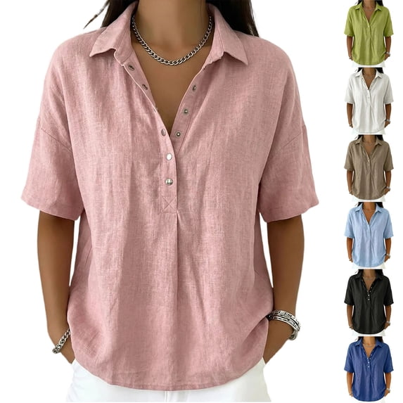 JoveMarine Womens Tops Trendy V-Neck Polo - Loose Fit Short Sleeve Button Down Casual Shirt for Summer Daily Wear Office and Golf,Black L