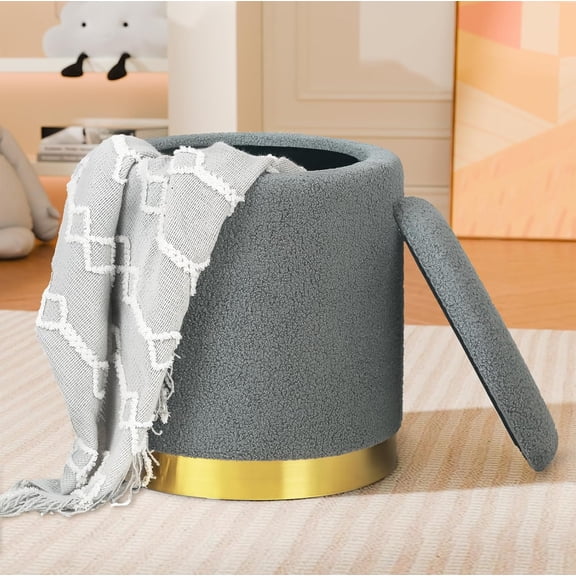 Joveco Boucle Round Ottoman with Storage,Vanity Stool with Storage for Bedroom, Ottoman Coffee Table,Small Boucle Foot Stool for Living Room, Grey