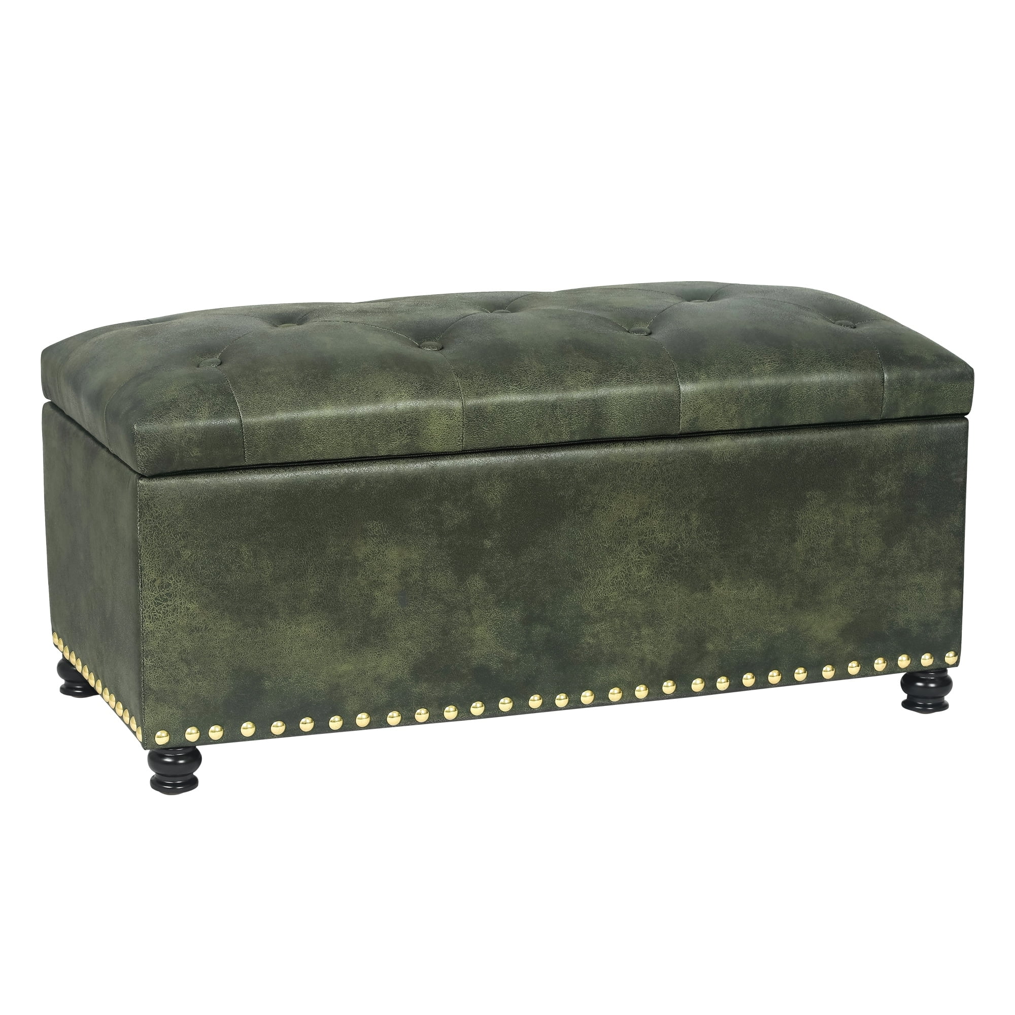 Dark Green Tufted Faux-Leather Storage Footstool with Wooden Legs