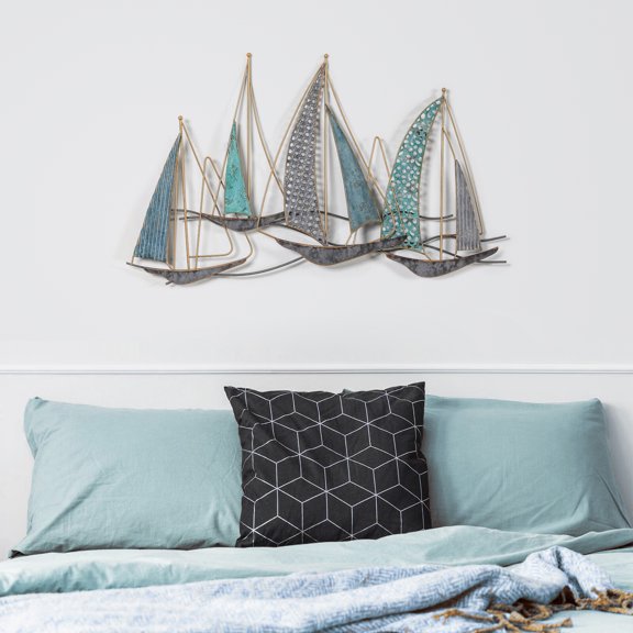Joveco Metal Sailboat Wall Decor, 3D Nautical Ship Wall Sculptures,Handmade Coastal Beach Sailboat Wall Art Decor School Home Hotel Living Room Bedroom