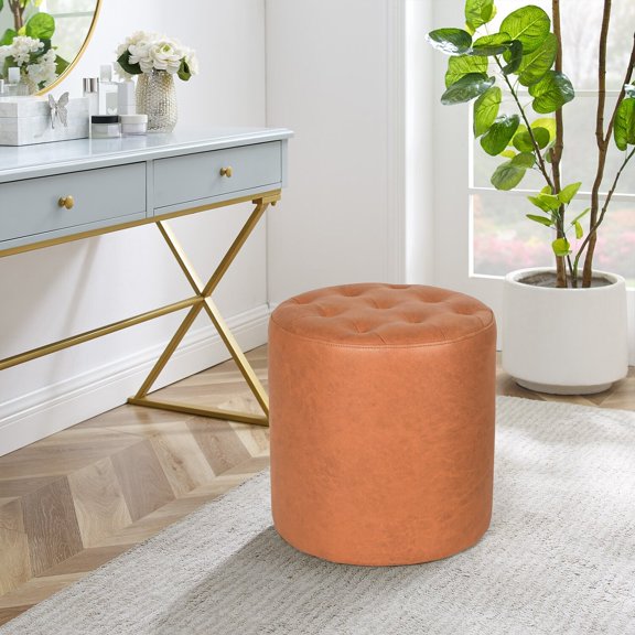 Joveco Padded Leather Ottoman,Vanity Chair Stool Modern Foot Stool Ottoman for Bedroom, Living Room (Orange)
