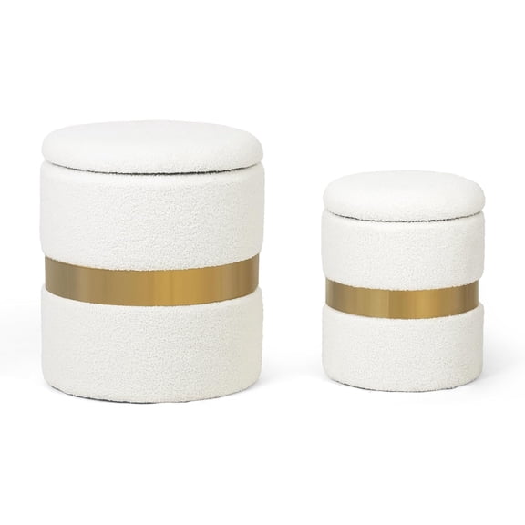 Joveco Round Boucle OttomanOttoman with Storage Set of 2, Velvet Green Ottoman with Gold Metal Band, Upholstered Foot Stools for Home Decor, Large Storage & Space Saving (White)