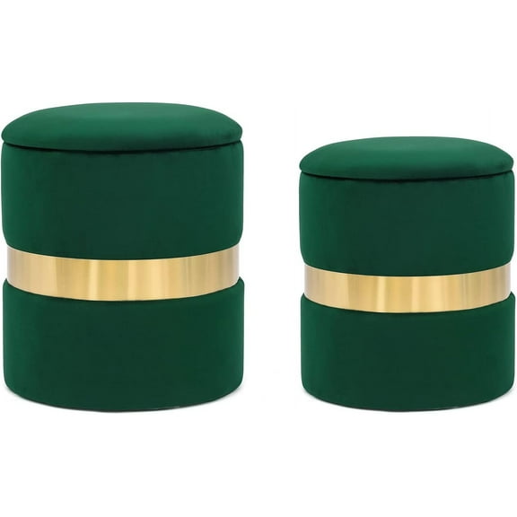 Joveco Round Set of 2 Ottoman with Storage-Upholstered Velvet Vanity Stool for Makeup Multifunctional Ottomans Padded Seat Foot Rest for Living Room&Bedroom with Metal Band (Dark Green)