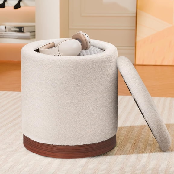 Joveco Round Storage Ottoman with Removable Lid, Boucle Small Upholstered Padded Vanity Foot Rest Stool for Living Room, Bedroom, Dorm, White with Dark Wood Grain Trim