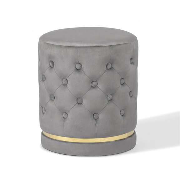 Joveco Round Velvet Ottoman Footstool, Modern Upholstered Button Tufted Footrest Vanity Stool, Grey