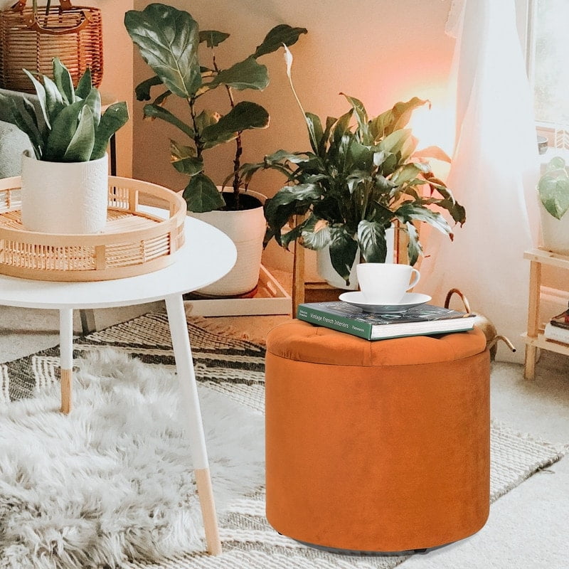 Orange Velvet Round Storage Ottoman with Removable Lid
