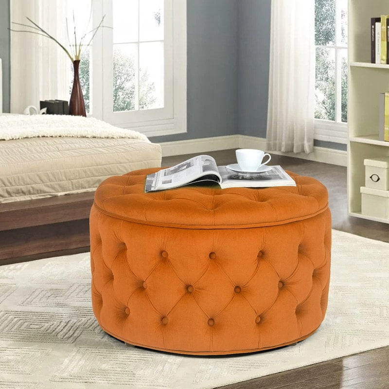 Orange Velvet Tufted Round Cocktail Ottoman with Storage