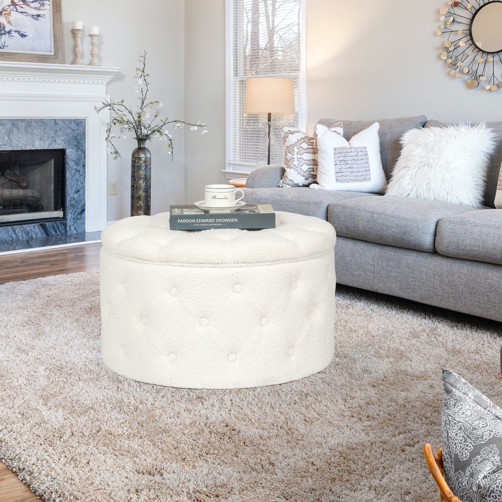 White Round Velvet Tufted Storage Ottoman Bench