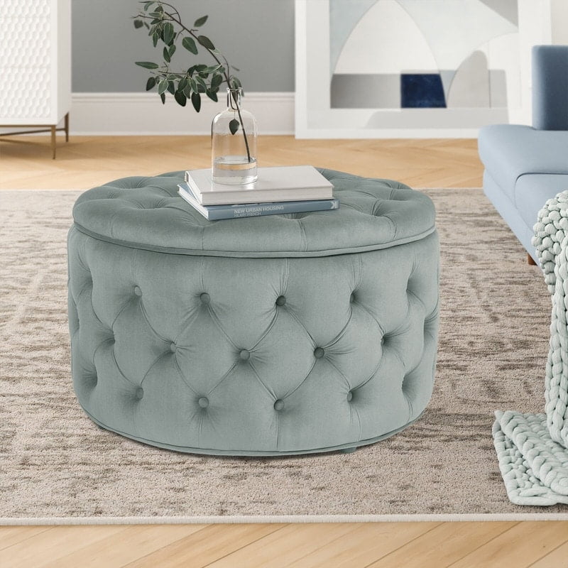 Gray Velvet Tufted Round Storage Ottoman
