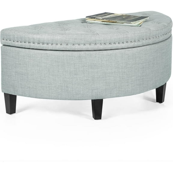 Joveco Storage  Half Moon Button Tufted Ottoman with  Storage Room Organizer for Living Room Bedroom Entryway (Light Blue)