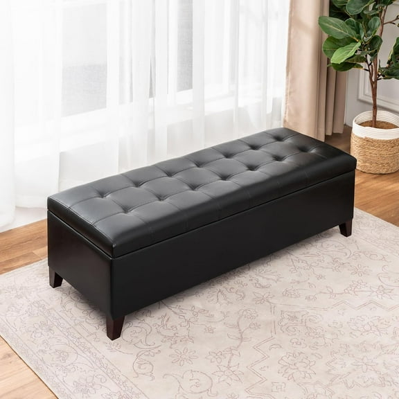 Joveco Storage Ottoman Bench, 51 Inch Leather Tufted Upholstered Bench for End Foot of Bed, Bedroom, Living Room, Black